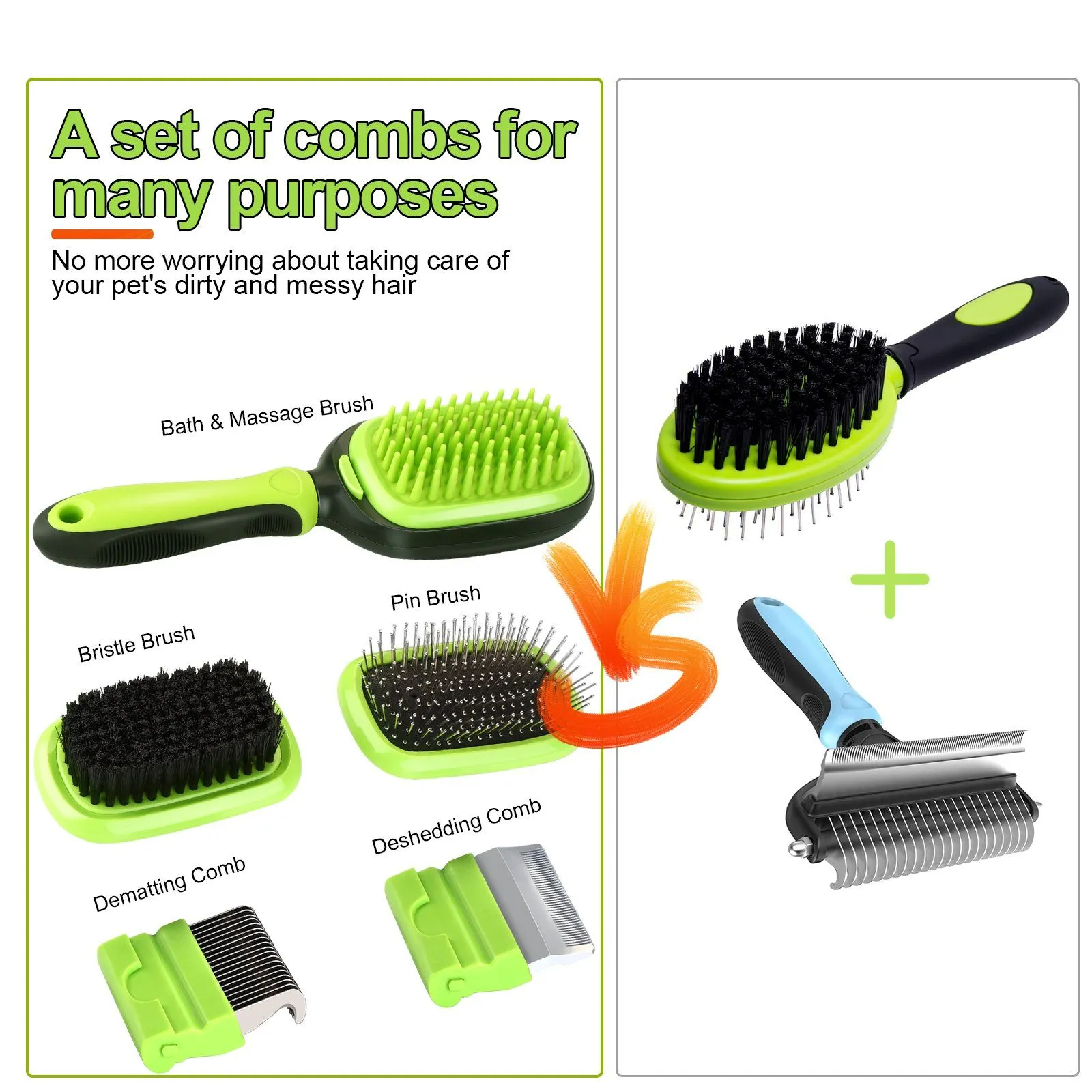 5-in-1 Pet Brush Set Pet Grooming Shedding Massage Combs