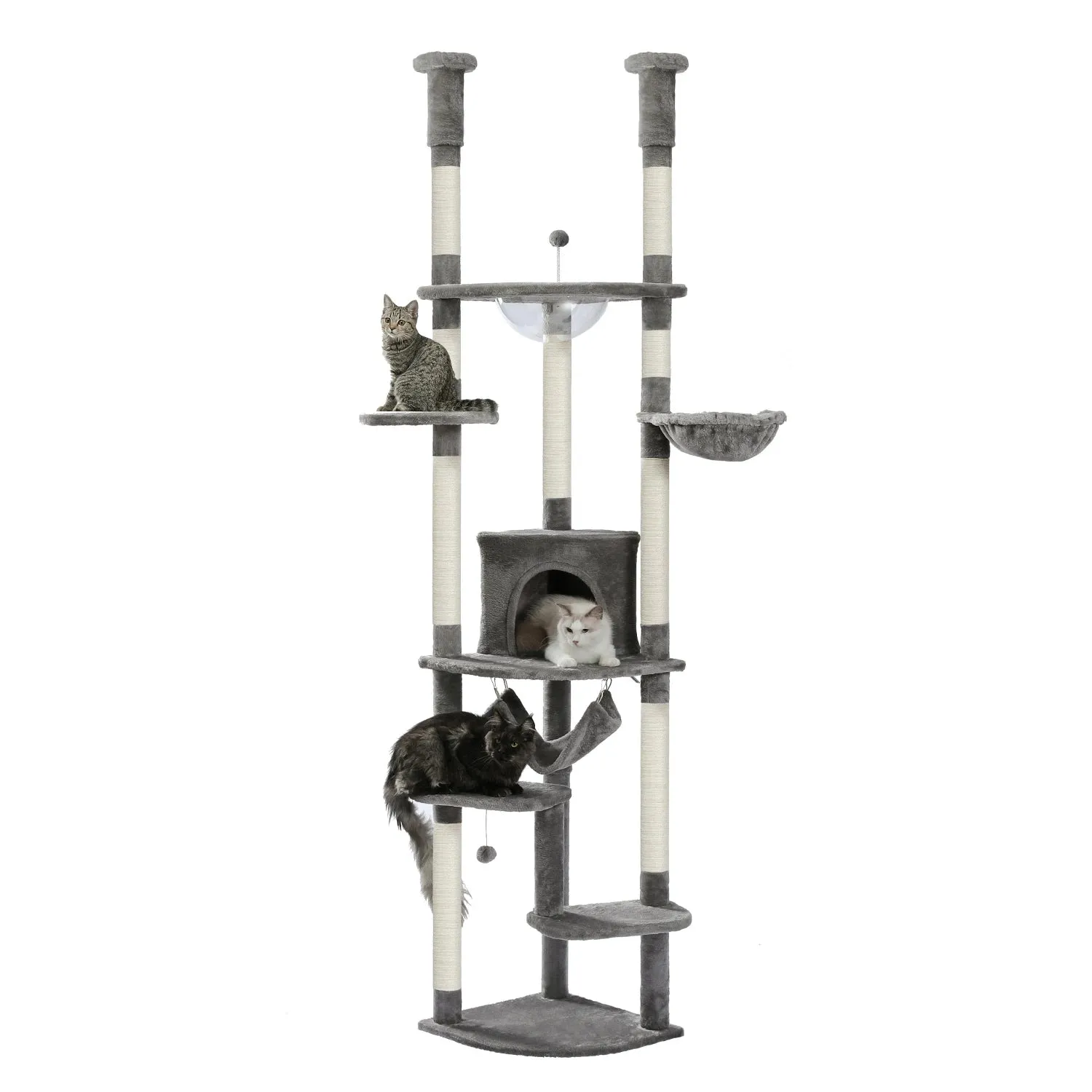Adjustable 236-258cm Tall Cat Tree Tower with Scratch Posts, Condo, Hammock