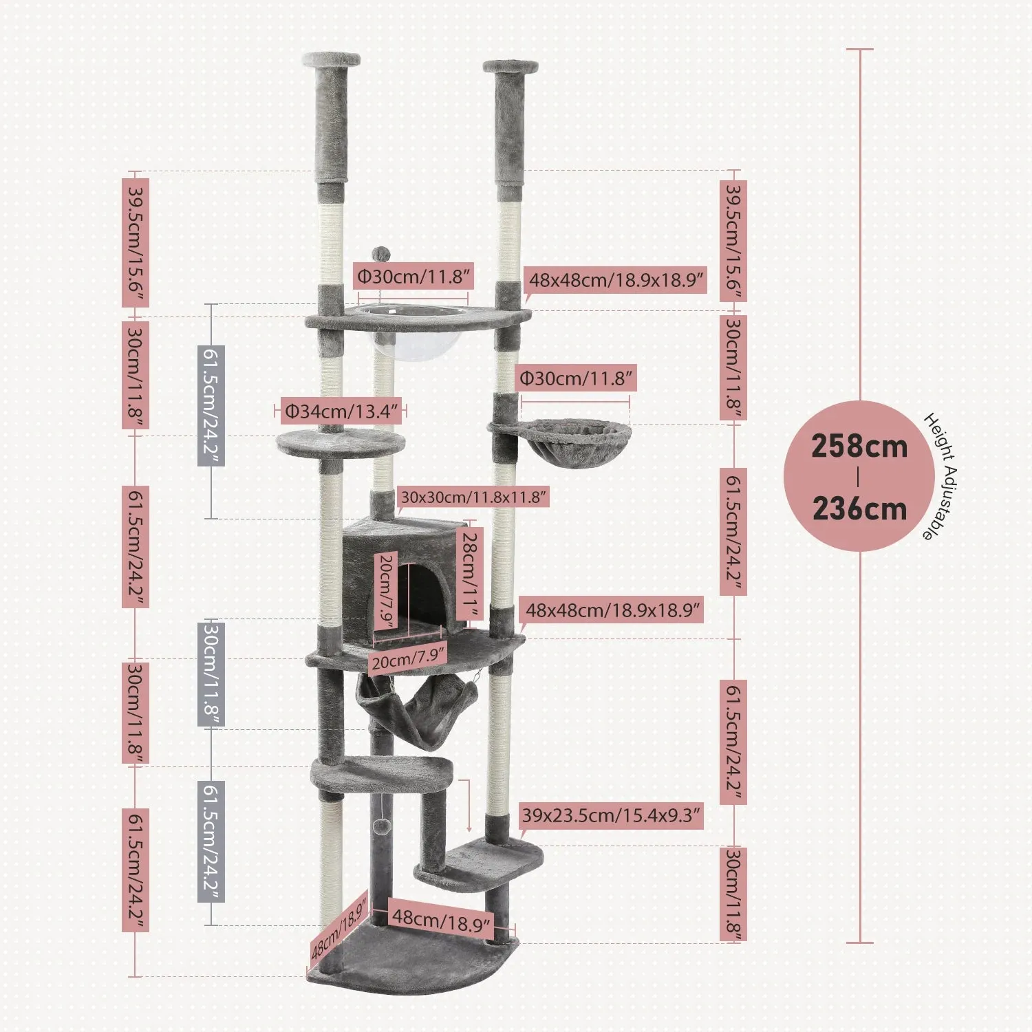 Adjustable 236-258cm Tall Cat Tree Tower with Scratch Posts, Condo, Hammock