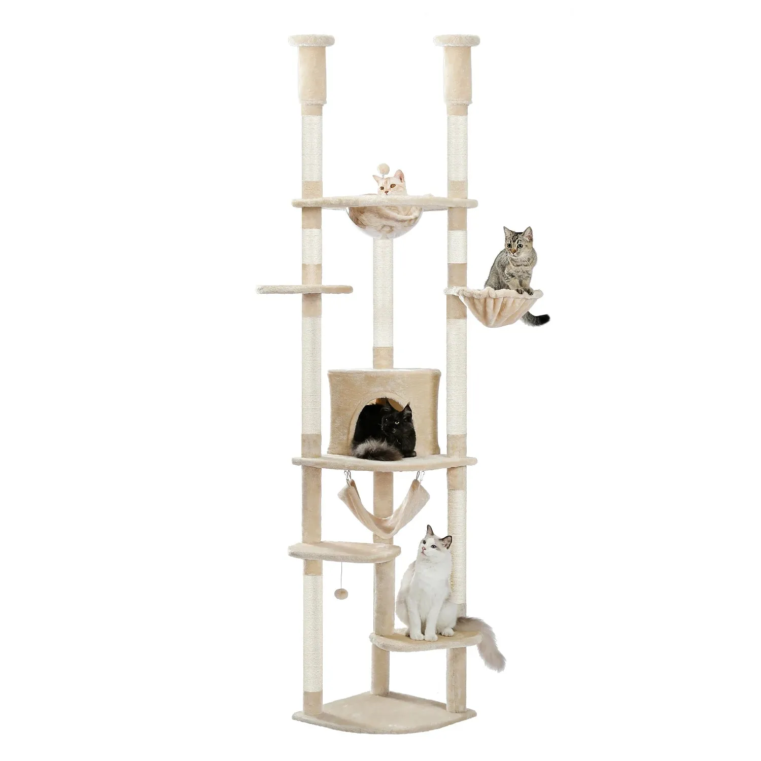 Adjustable 236-258cm Tall Cat Tree Tower with Scratch Posts, Condo, Hammock