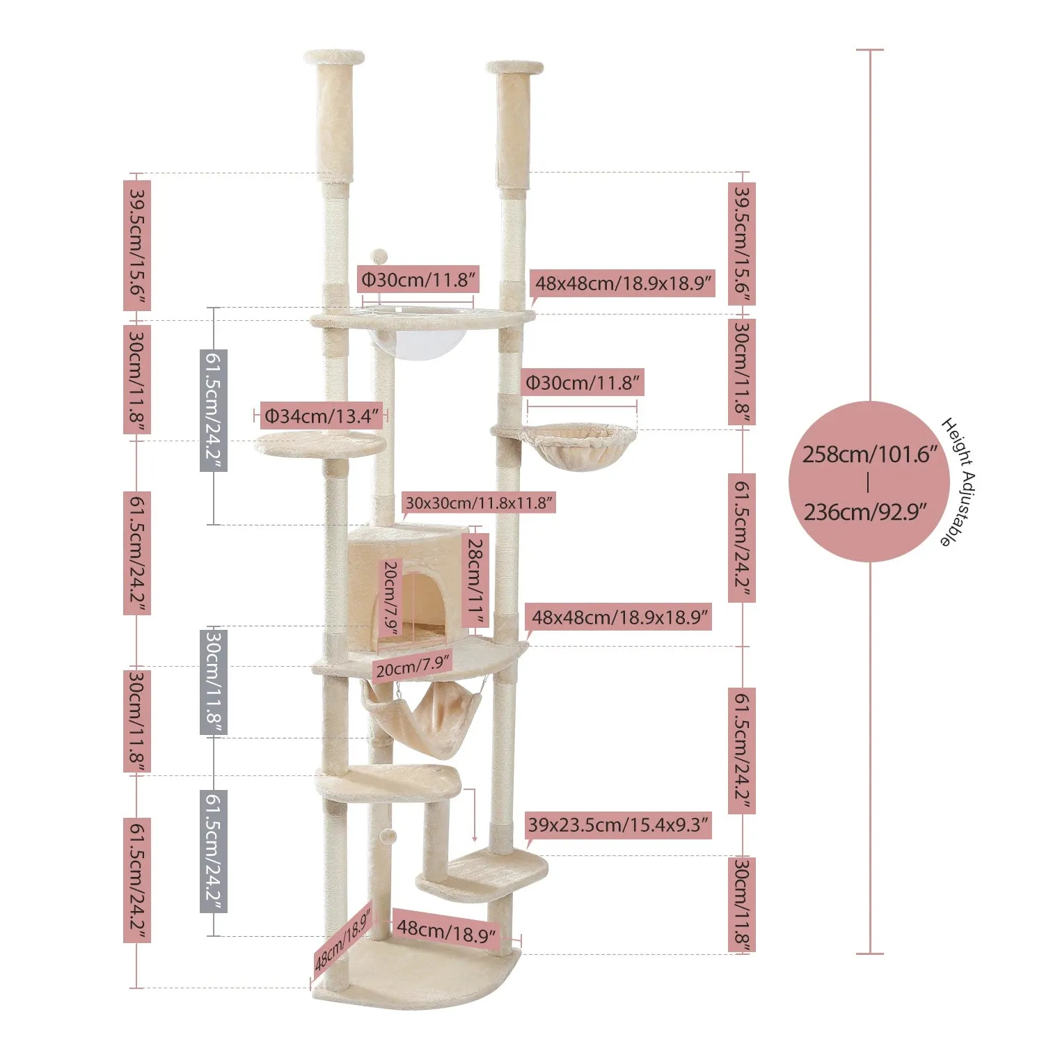Adjustable 236-258cm Tall Cat Tree Tower with Scratch Posts, Condo, Hammock