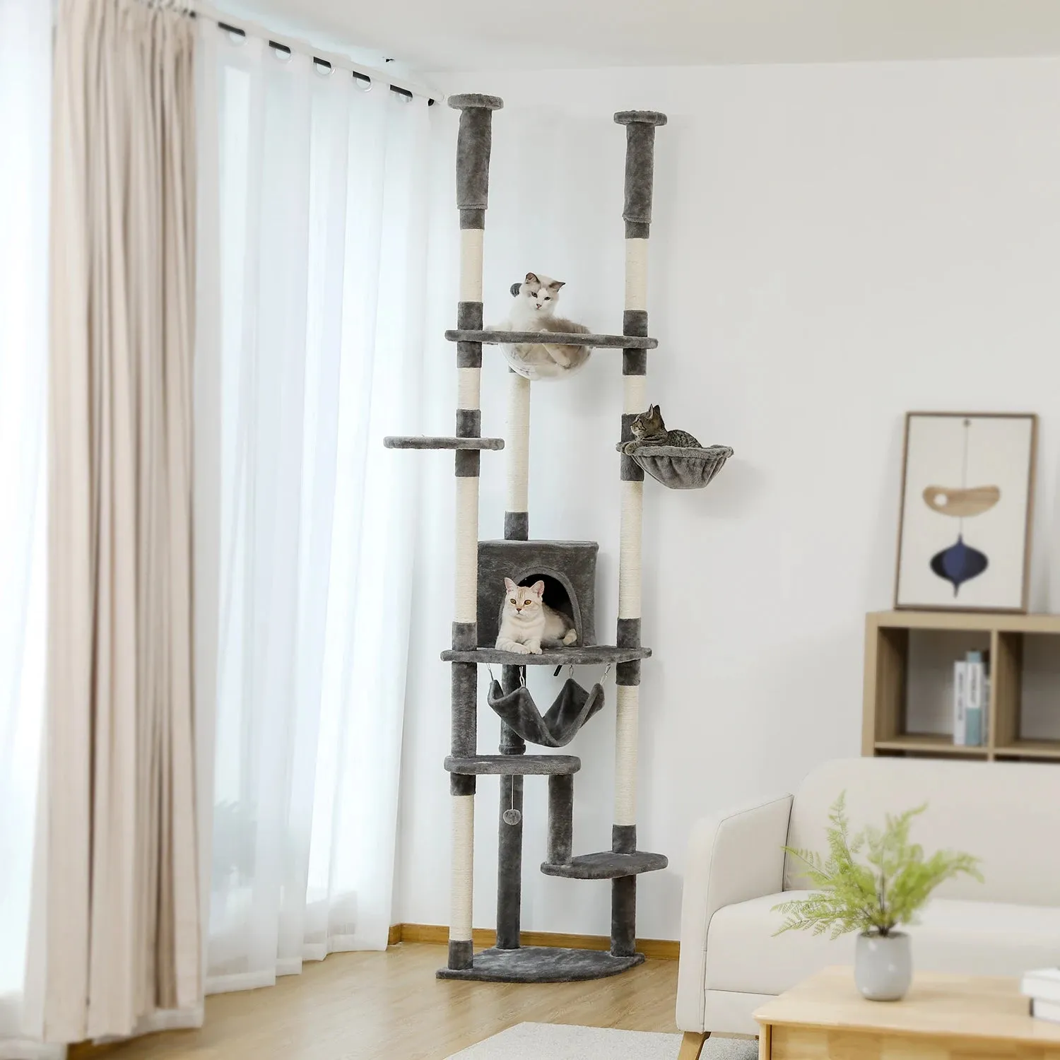 Adjustable 236-258cm Tall Cat Tree Tower with Scratch Posts, Condo, Hammock