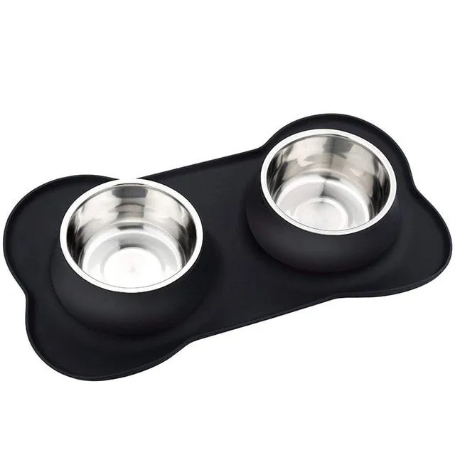 Antislip Double Dog Bowl With Silicone Mat