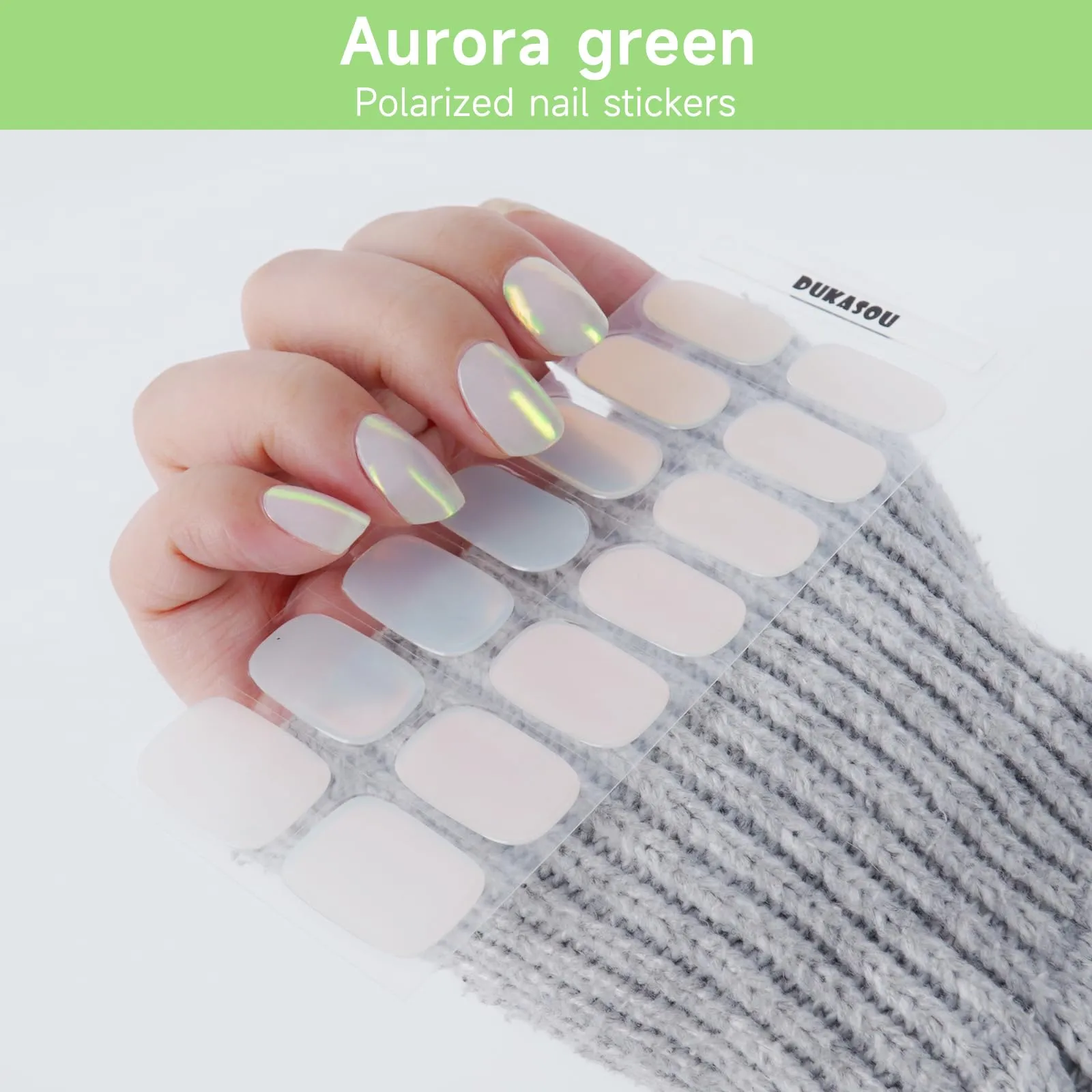 DUKASOU Semi Cured Gel Nail Strips, Aurora Green | 28 pcs Gel Nail Strips Work with Any UV Lamp, Salon Quality UV Gel Nail Stickers, Easy to Apply for Home Nails DIY