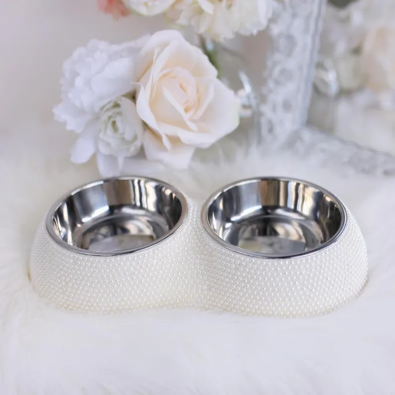 Hello Doggie Crystal Pet Dining Bowl with Removable Stainless Steel Bowls - American made Product