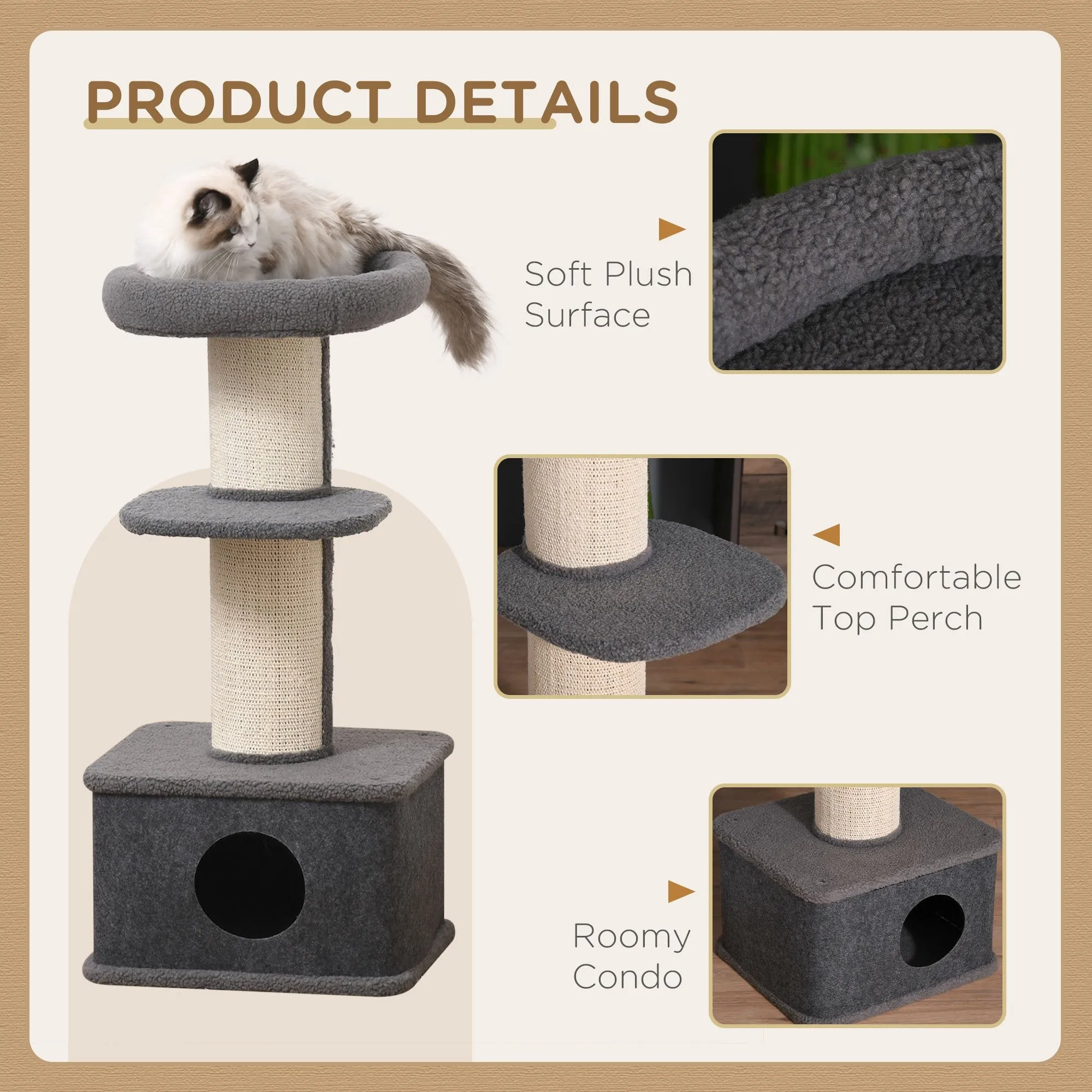 Multi-Level Cat Tower with Plush Perches, 96H cm - Grey