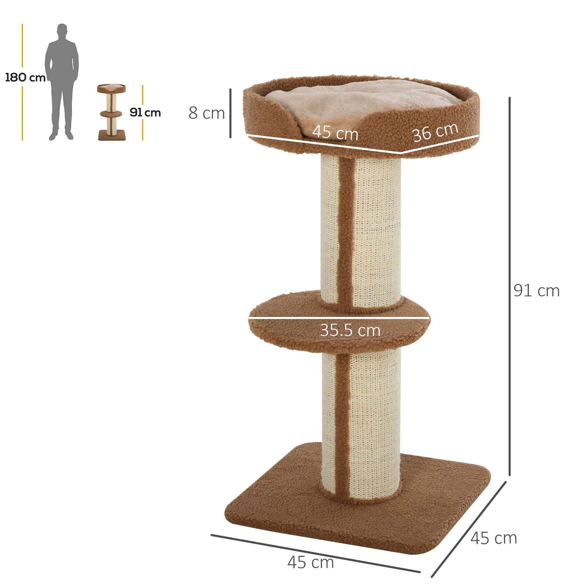 PawHut 2-Tier Cat Kitten Resting Tree w/ Top Basket Cushion Sisal Post Brown