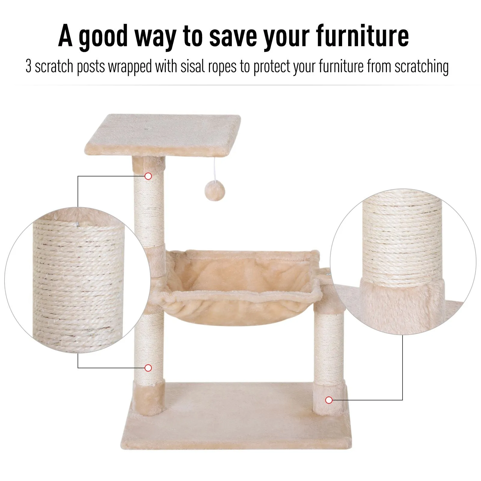 PawHut Cat Activity Tree Kitten Play Tower Palace Two-Tier Scratching Beige