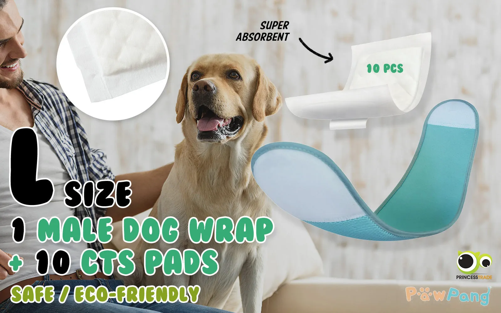 PawPang L Dog Wrap Reusable Male   10 Ct M Diaper Booster Pads Disposable