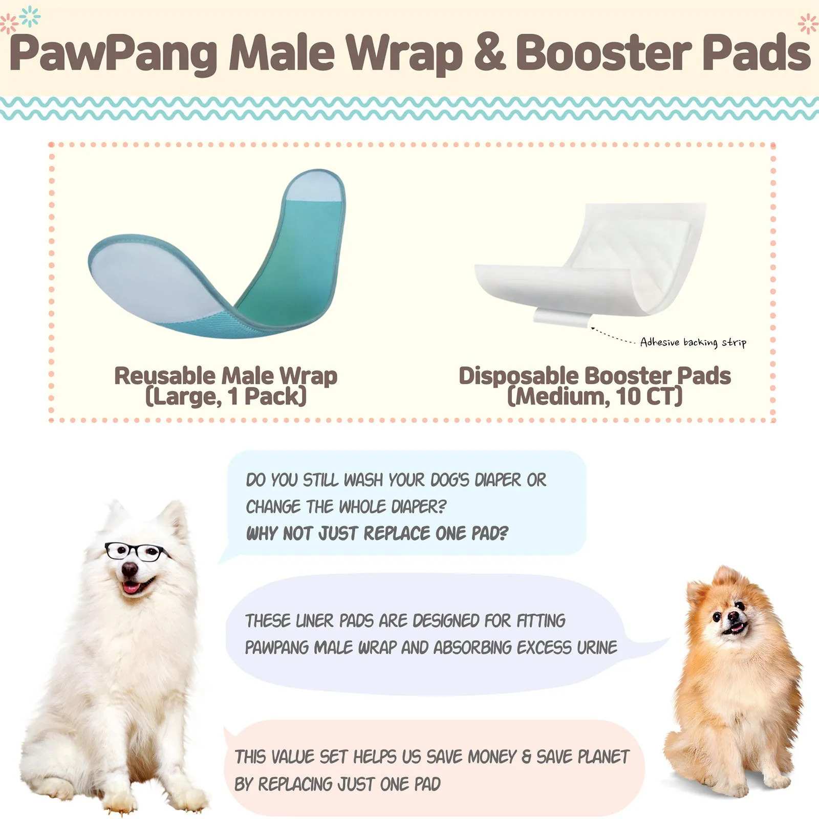 PawPang L Dog Wrap Reusable Male   10 Ct M Diaper Booster Pads Disposable