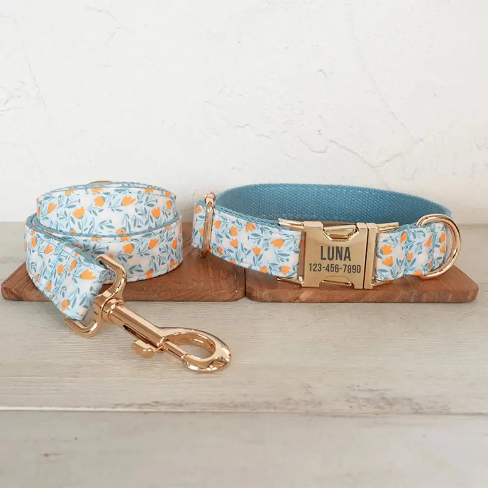 Personalized Dog Collar with Free Engraving | Matching Pet Leash Customized Metal Buckle, Blue Lilac Pet Collar