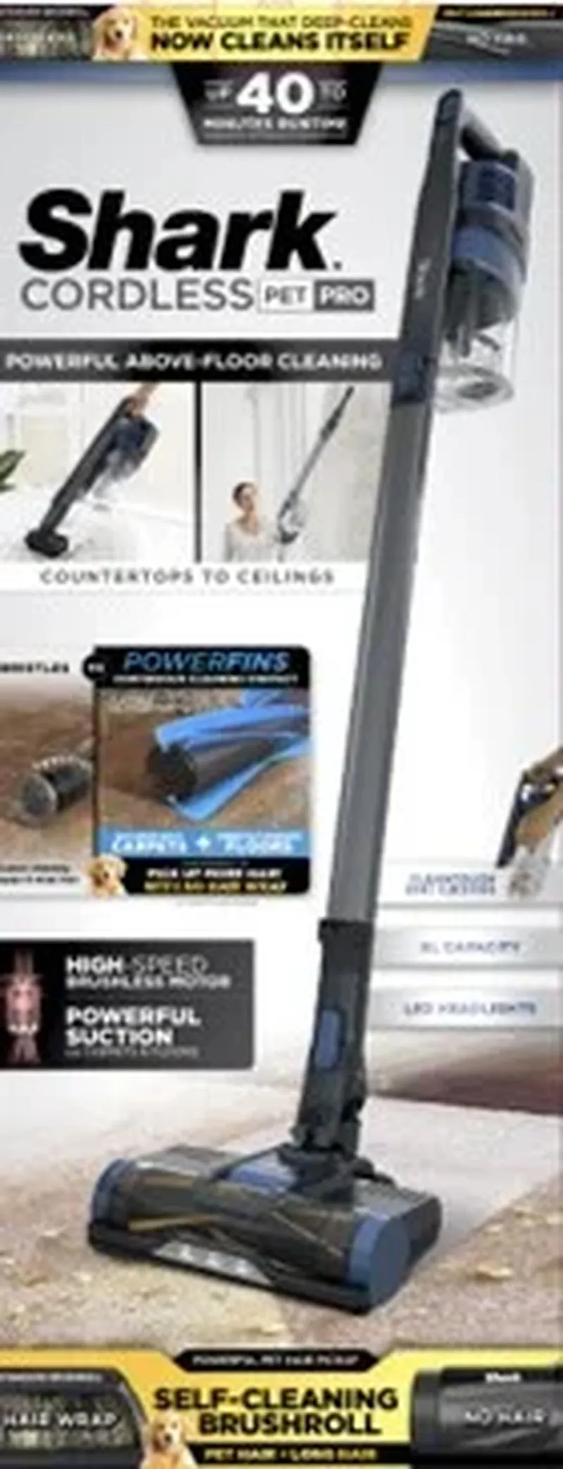 Shark Pet Pro Cordless Stick Vacuum Cleaner with Powerfins Brushroll, 40-Min Runtime, WZ250
