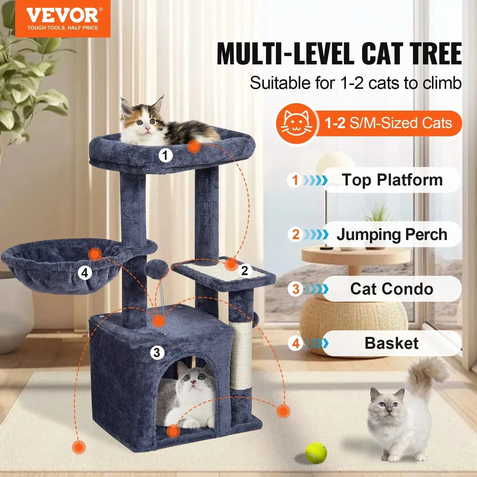 VEVOR 4-Tier Cat Tree with Scratch Post & Hammock