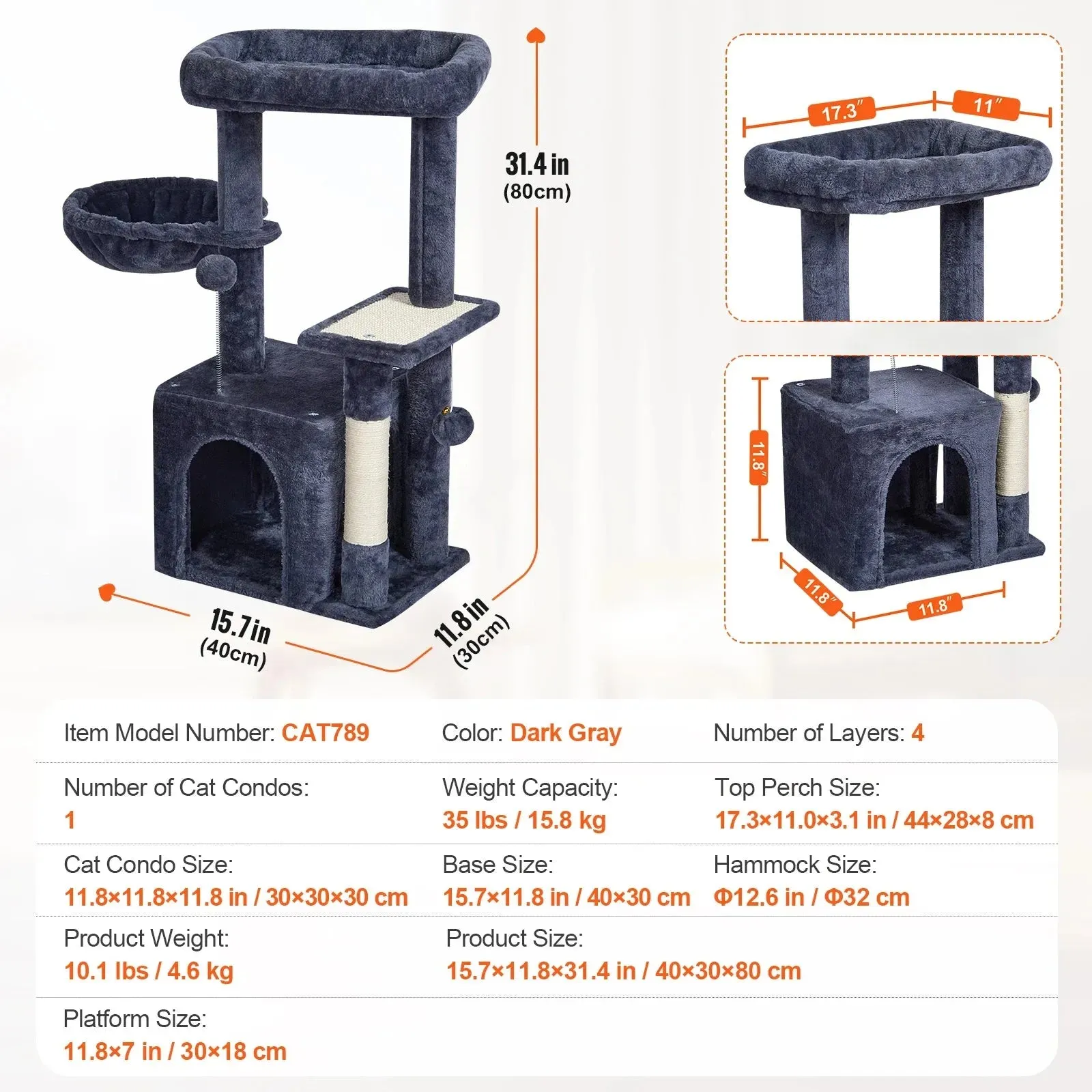 VEVOR 4-Tier Cat Tree with Scratch Post & Hammock