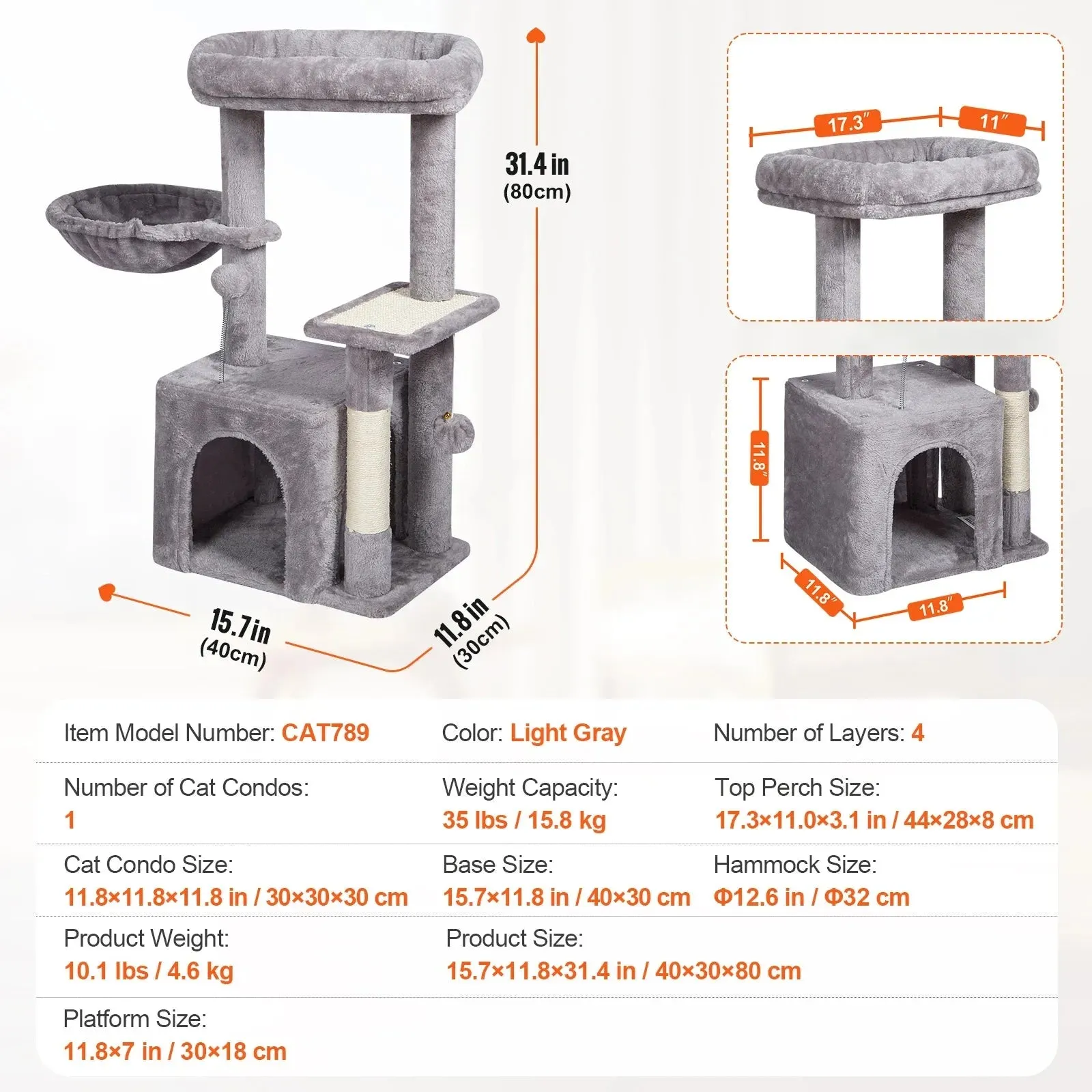 VEVOR 4-Tier Cat Tree with Scratch Post & Hammock